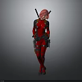 Woman With Pink Hair In Red Black Bodysuit Standing Confidently With Crossed Legs And Swords