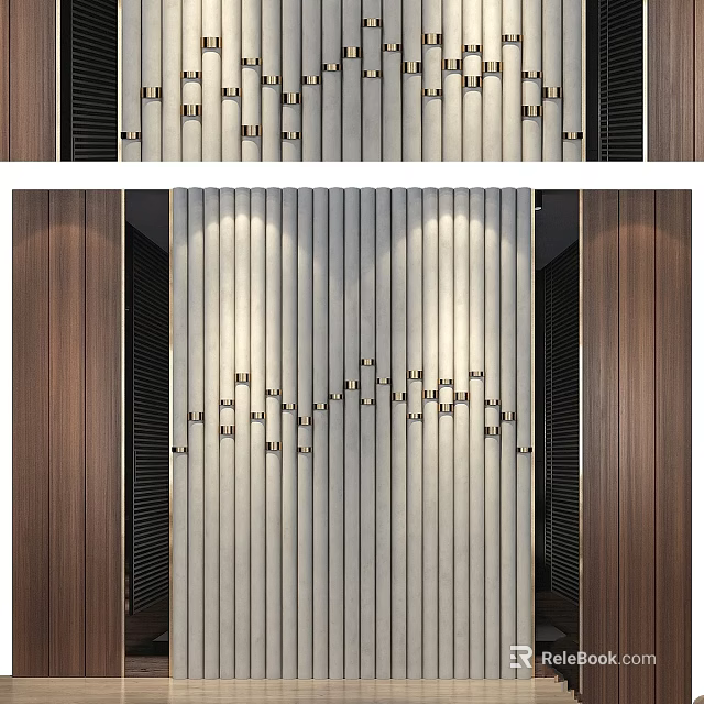 Modern Interior Wall Design With Vertical Stripes Wooden Panels And Geometric Decor 3d model 
