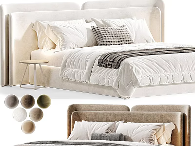 Modern Double Bed with Upholstered Headboard White Pillows Striped Blanket and Color Options 3d model