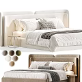 Modern Double Bed with Upholstered Headboard White Pillows Striped Blanket and Color Options