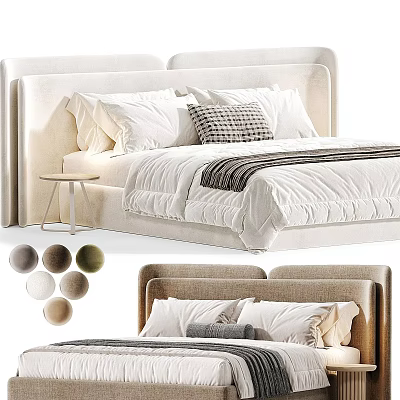 Modern Double Bed with Upholstered Headboard White Pillows Striped Blanket and Color Options 3d model