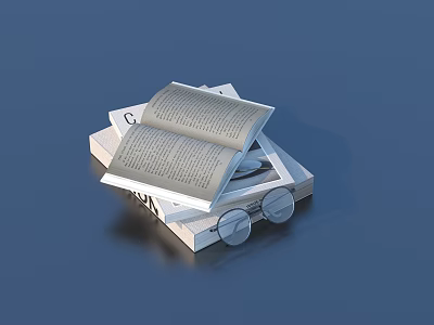 Stack of Books with Open Book and Eyeglasses on Blue Surface 3d model