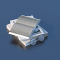 Stack of Books with Open Book and Eyeglasses on Blue Surface