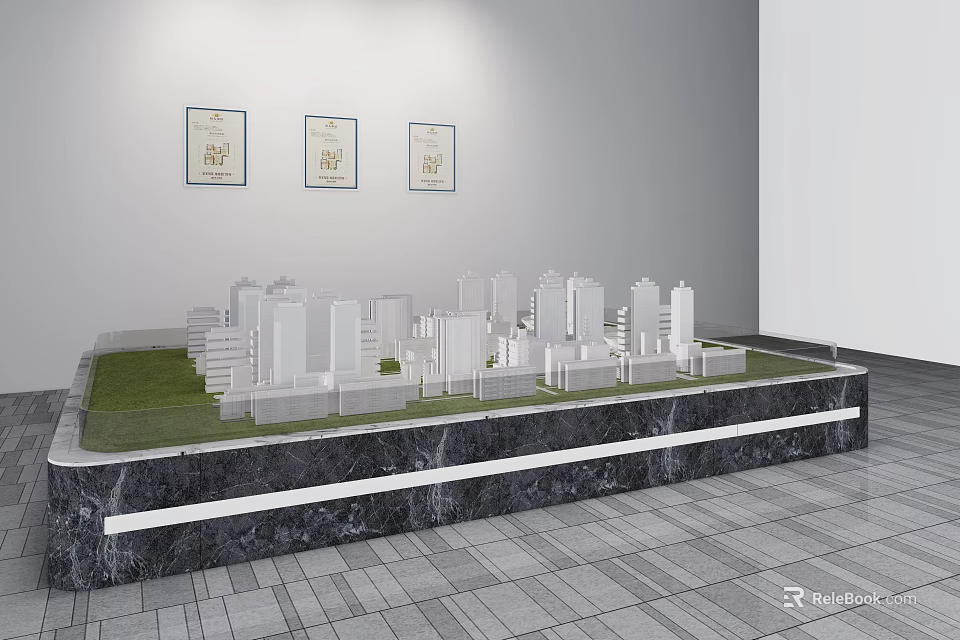 Modern Commercial Equipment City Model Display Stand With Framed Pictures And Green Turf 3d model 