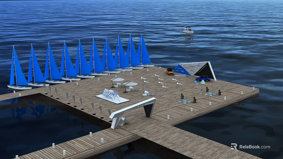 Floating Wooden Platform With Blue Sail Structures White Geometric Buildings People And Distant Boat 3d model 
