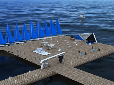 Floating Wooden Platform With Blue Sail Structures White Geometric Buildings People And Distant Boat 3d model