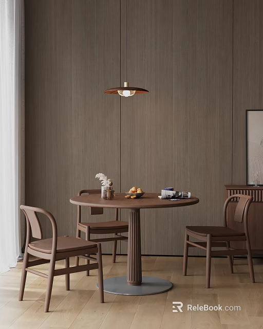 Natural Wooden Dining Table Set With Round Table Chairs Hanging Lamp And Wall Decor 3d model 