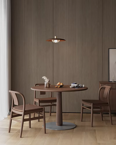 Natural Wooden Dining Table Set With Round Table Chairs Hanging Lamp And Wall Decor 3d model