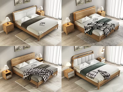 Modern Wooden Double Bed With Comforter Pillows Nightstands Table Lamps In Bedroom Interior 3d model