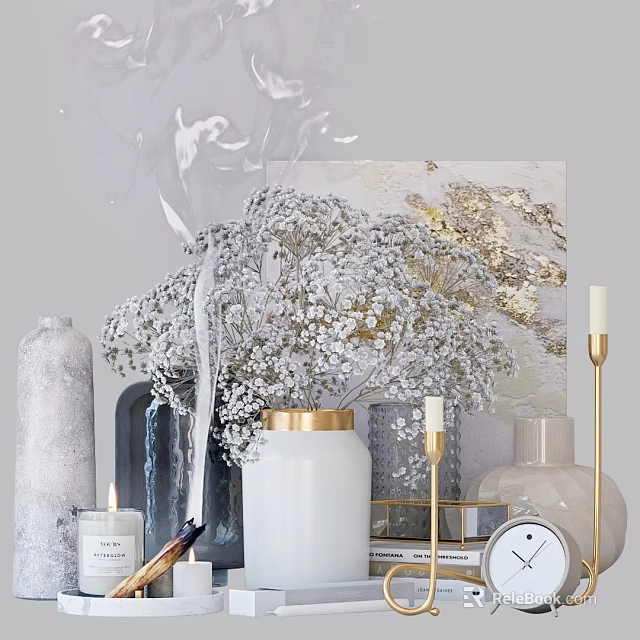 Elegant Decorative Ornaments Set with White Bouquet Gold Accents Vases Candles and Clock 3d model 