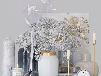 Elegant Decorative Ornaments Set with White Bouquet Gold Accents Vases Candles and Clock 3d model