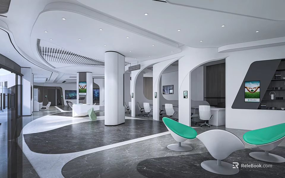 Modern Service Hall With White Pillars Green White Chairs Open Space And Sleek Flooring 3d model 