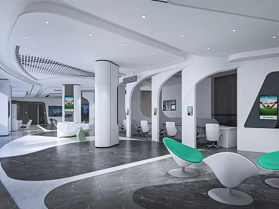 Modern Service Hall With White Pillars Green White Chairs Open Space And Sleek Flooring 3d model