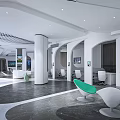 Modern Service Hall With White Pillars Green White Chairs Open Space And Sleek Flooring