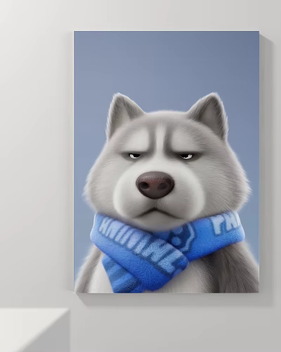 3D Cartoon Animal Painting of Dog Wearing Blue Scarf with Detailed Fur 3d model