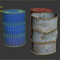 Colorful Rusty Oil Drums With Blue Red And Weathered Metal Surfaces