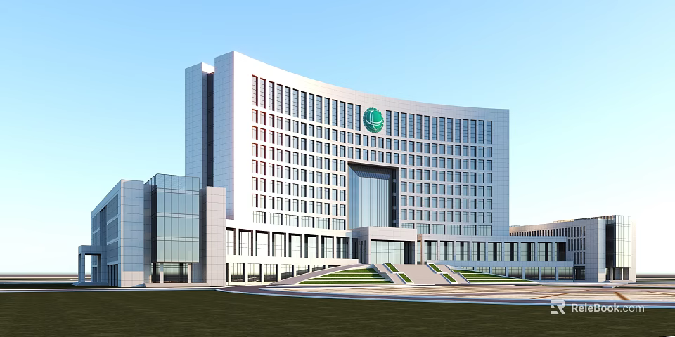 Modern Office Building Featuring White Exterior Large Glass Windows Green Logo Front Entrance And Lawn 3d model 