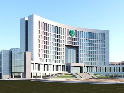 Modern Office Building Featuring White Exterior Large Glass Windows Green Logo Front Entrance And Lawn 3d model