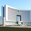 Modern Office Building Featuring White Exterior Large Glass Windows Green Logo Front Entrance And Lawn