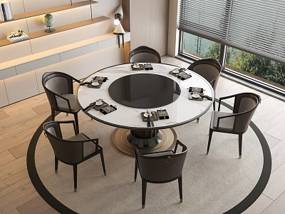 Modern Round Dining Table Set With Leather Chairs And Marble Top Circular Rug 3d model