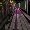 Train Railway Tracks In Industrial Tunnel With Green Pillars Rusty Metal And Red White Stripes