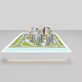 City Model Display Cabinet With High Rise Buildings Roads Green Grass Water And Crane