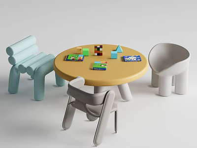 Children's Round Yellow Table and Chair Set with Pastel Seats and Building Blocks on Top 3d model