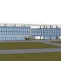 Modern Sales Office Building With Large Glass Curtain Walls Steel Frame And Lawn Water Feature