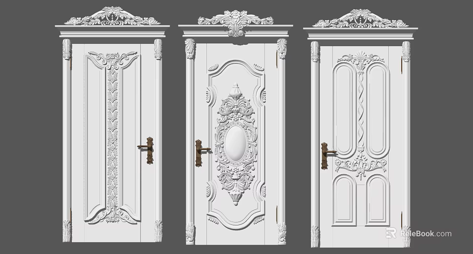 Three White Carved Swing Doors With Classical Ornate Decorative Patterns 3d model 