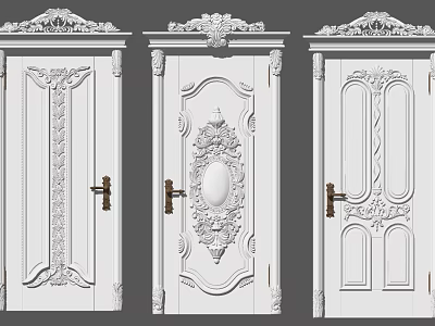 Three White Carved Swing Doors With Classical Ornate Decorative Patterns 3d model