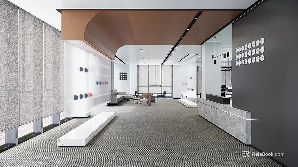 Modern Front Desk Reception Area With Marble Counter And Open Space Design 3d model