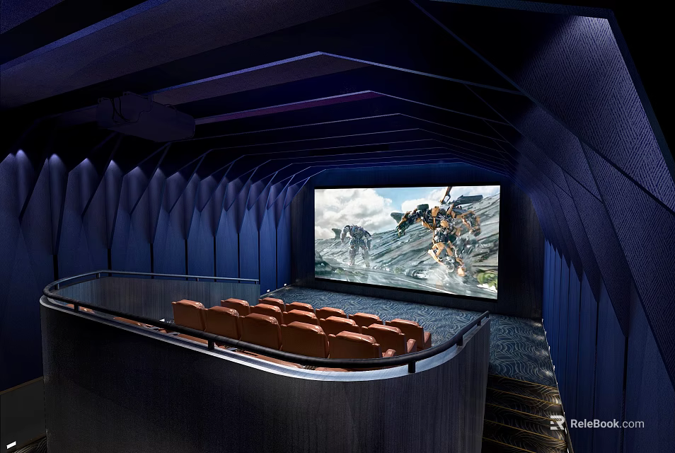Modern Cinema Interior With Red Seats Large Screen And Blue Curved Walls 3d model 