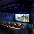 Modern Cinema Interior With Red Seats Large Screen And Blue Curved Walls
