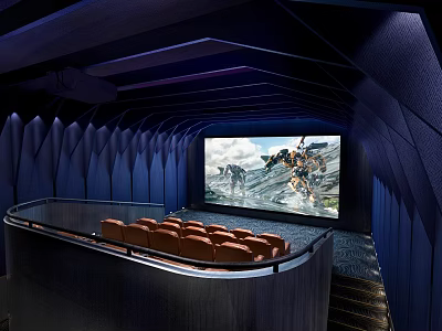 Modern Cinema Interior With Red Seats Large Screen And Blue Curved Walls 3d model