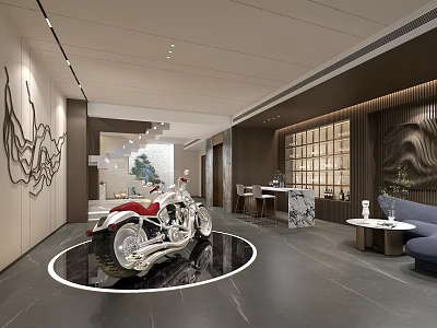 Modern Entertainment Room Interior With Motorcycle Circular Area Bar Counter And Blue Sofa 3d model