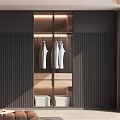 Modern Wardrobe Interior With Glass Doors Hanging Clothes And Storage Shelves