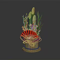 Decorative Bamboo Vase Flower Arrangement with Red Fan Green Leaves and Red Berries