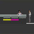 Modern Exhibition Stand With Two People Various Colored Panels Blue Top And Smooth Reflective Surface
