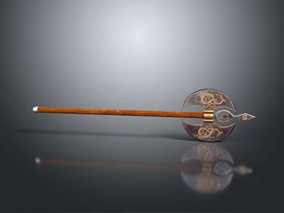 Traditional Ancient Weapon With Long Wooden Handle Ornate Circular Disc And Spiked Tip 3d model