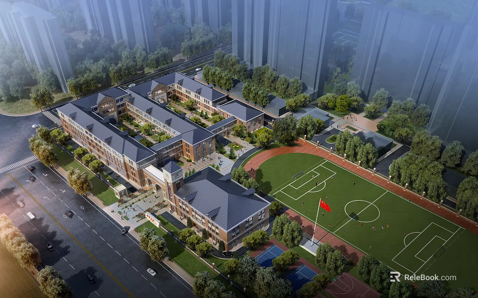 Aerial Planning of Modern School Campus Featuring Classroom Buildings Sports Field and Lush Greenery 3d model 
