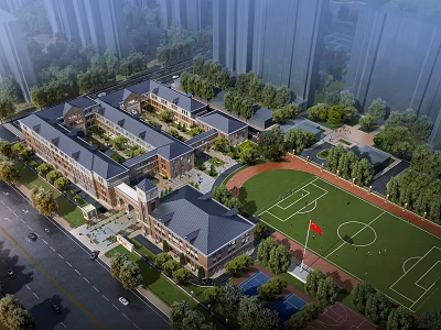 Aerial Planning of Modern School Campus Featuring Classroom Buildings Sports Field and Lush Greenery 3d model