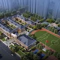 Aerial Planning of Modern School Campus Featuring Classroom Buildings Sports Field and Lush Greenery