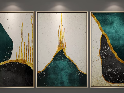 Modern Abstract Wall Art With Teal Black Gold Tones Three Panel Decorative Paintings 3d model