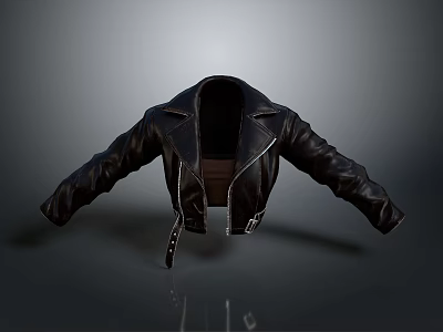 Black Leather Jacket Open Design With Stylish Zipper And Belt Buckle Details 3d model