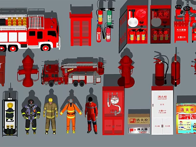 Essential Firefighting Equipment Collection With Fire Truck Hydrant Extinguishers Cabinets And Suits 3d model