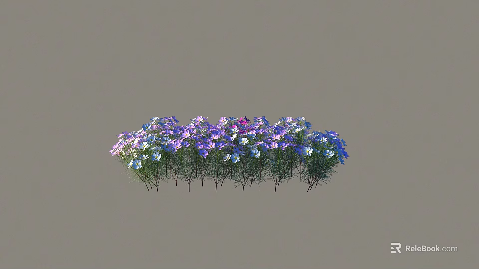 Purple and Blue Small Flowers with Green Stems and Leaves on Gray Background 3d model 