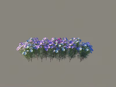 Purple and Blue Small Flowers with Green Stems and Leaves on Gray Background 3d model