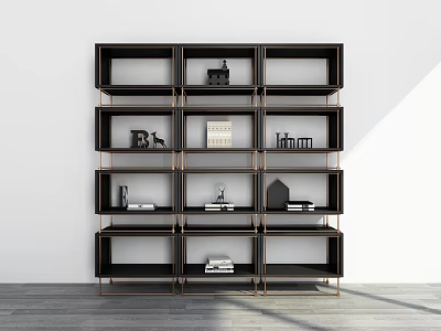 Modern Display Shelf Unit With Black Compartments And Metal Frame For Living Room Decorative Items 3d model