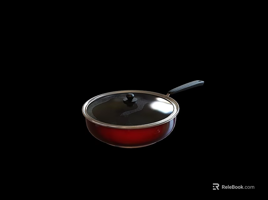 Red Non Stick Frying Pan With Glass Lid And Black Handle For Cooking 3d model 