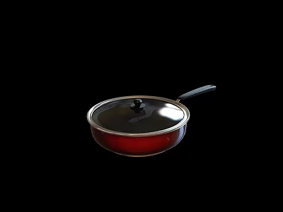 Red Non Stick Frying Pan With Glass Lid And Black Handle For Cooking 3d model